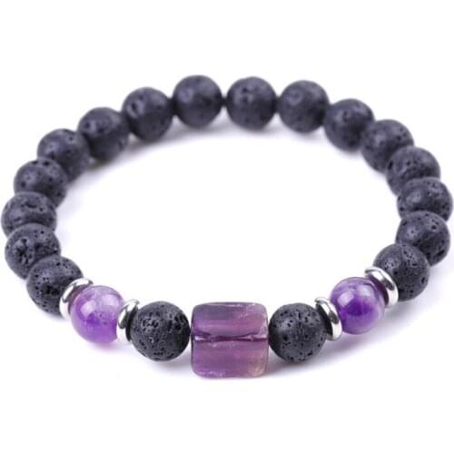 Silver Plated Geometric Shape Amethysts Crystal Connect Black Lava Stone Beads Elastic Bracelet Fashion Jewelry