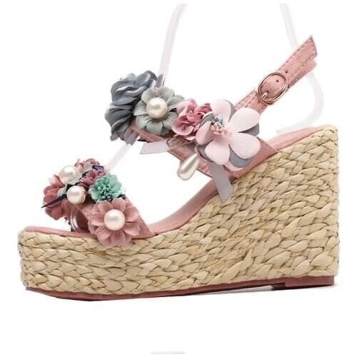 Sweet Flower String Bead Decor Wedge Sandals Woman Rope Braided Summer Sandals Ankle Strap High Heel Cut-out Dress Shoes