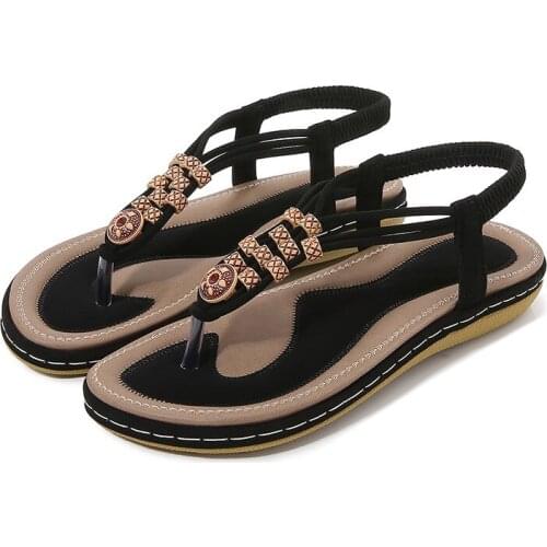Summer 2021 Sandals Women Cross-Border Bohemian Sandals Wooden Bead Woven Large Size Flat Shoes Women Beach Sandals