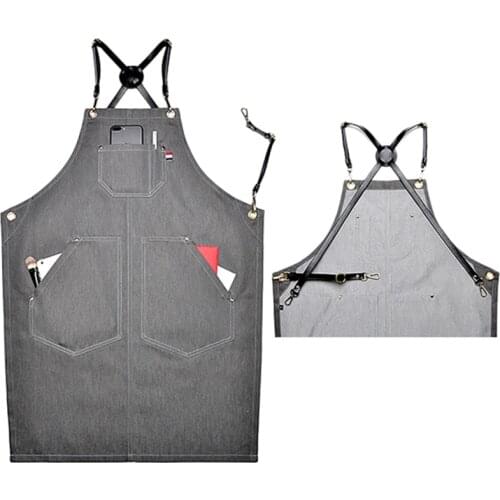 Gray Denim Apron Cow Leather Strap Barista Bartender Pastry Chef Uniform Barber Hairdresser Florist Artist Painter Work Wear K75