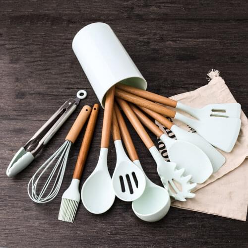 Silicone Kitchen Utensils 12 Pcs Set Heat Resistant Wooden Handle Non-Stick Kitchen Badgets Accessories Cookware Kitchen Tool