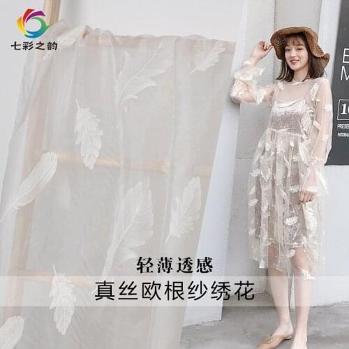 White Feathers Embroider Silk Organza Thin Perspective Garment Materials Dress DIY clothes fabrics Freeshipping