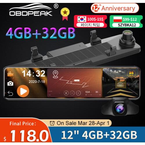 OBDPEAK D90 4GB+32GB Car DVR Camera Android 8.1 Stream RearView Mirror 12'' 1080P Drive Video Auto Recorder Registrator Dash cam