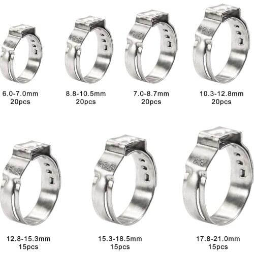 125pcs 304 Stainless Steel Single Ear Stepless Hose Clamps Clamp Assortment Kit Crimp Pinch Rings for Securing Pipe Hoses