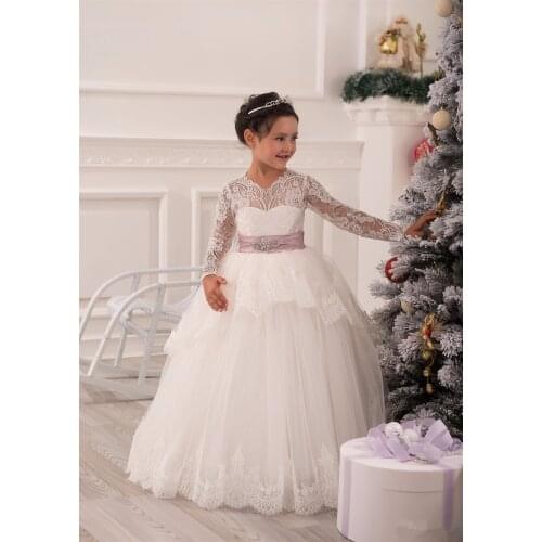 White Ivory Long Sleeve First Communion Dresses Cute Little Girls pageant Dresses Tulle Ball Gown Flower Girls Dresses