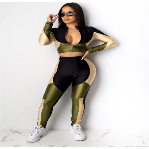 Three-color Stitching Sports Suit Women Long Sleeve Zipper Short Top Slim Drawstring Pants 2PCS Army Green Set