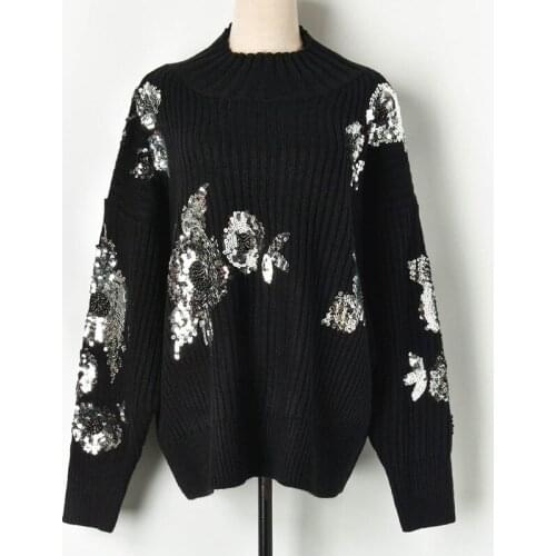 Runway Causal Knitted Pullover Autumn Winter Lantern Sleeve O-Neck Women Sweater Pull Femme Sequins Flowers Korean Clothes
