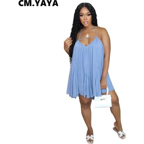 CM.YAYA Women Mini Dress Solid Sleeveless Strap V-neck Backless Loose Dresses Sexy Night Clubwear Fashion Outfits Summer 2021