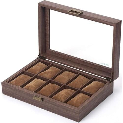12 Slot PU Leather Watch Box Organizer Watch Case with Glass Top