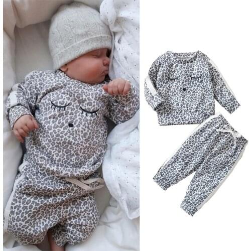 0-36m Baby 2pcs Fall Outfits Long Sleeve Leopard Tops + Tie Knot Pants Set Baby Girls Spring Fall Clothes Set