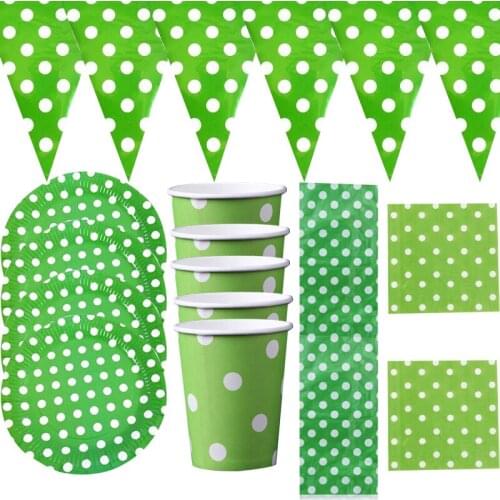 51pcs/lot Green Dots Theme Napkins Hanging Banner Birthday Party Flags Plates Cups Tablecloth Decorate Boys Kids Favors Bunting