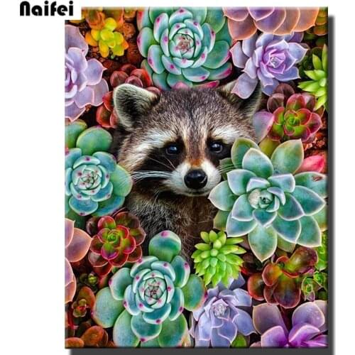 5D Diamond Painting Cute Raccoon Succulent Plants Full Square/Round Diy Diamond Embroidery Animal Wall Art Decor Mosaic Gift