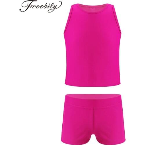 2Pcs Kids Girls Ballet Gymnastics Suits Sleeveless Racerback Tank Top + Shorts Solid Color Childrens Sets For Workout Dance Wear