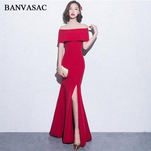 BANVASAC Elegant Boat Neck Short Sleeve Mermaid Long Evening Dresses 2018 Sexy Split Backless Party Prom Gowns