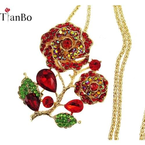 TianBo Zircon Red Rose Flower Long Necklace Sweater Chain Fashion Metal Full Chain Crystal Flower Pendant Necklaces