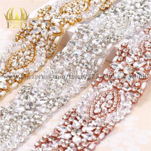FANGZHIDI (1 Yard) Fashion Hotfix Crystals Rhinestone AppliqueTrim beaded for Garment Dresses Wedding Bridal sashes