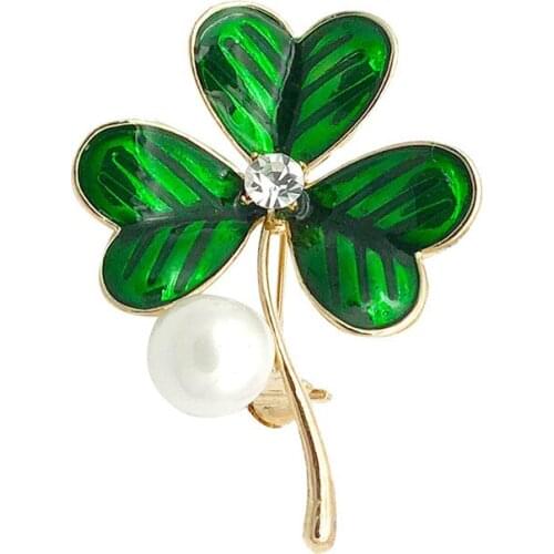 HOSENG Alloy Clover Pearl Brooches For Women Elegant Pin Rhinestone Jewelry Brooches Gift HS_455