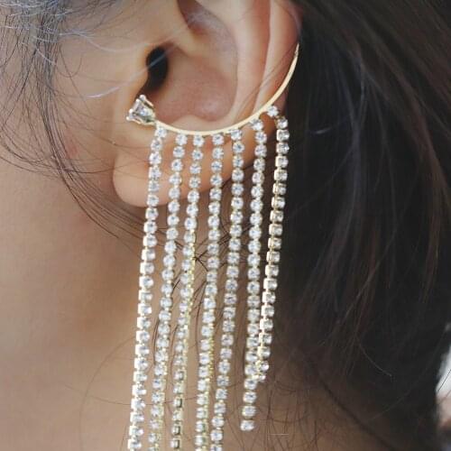 Jusieber Rhinestone Tassel Earcuffs Women Clip Letter C Shaped Bohemia Earrings Ear Cuff Wedding Jewelry Boho