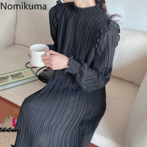 Nomikuma Korean Pleated Straight Women Dress Lantern Long Sleeve Stand Neck Vestido Femme 2021 Spring New Elegant Dresses 6E093