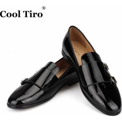 Cool Tiro Black Patent leather Men Loafers Double-Monk Moccasins Slippers Wedding Dress Shoes Formal Flats Handmade shoes Casual