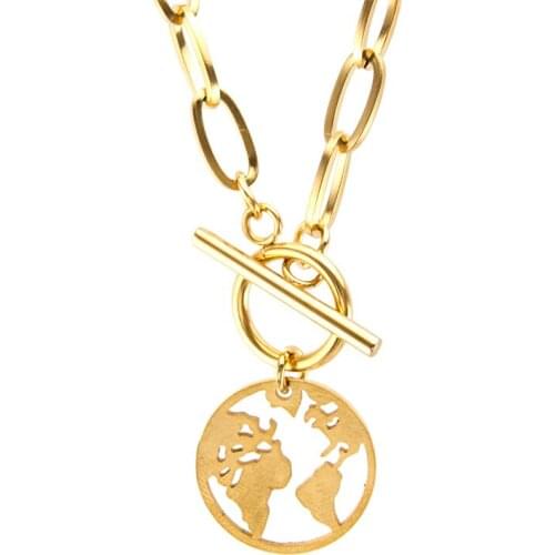 2021 Stainless Steel World Map Lucky WOMEN NECKLACE GOLD COLOR Toggle PENDANT Heavy CHOKER Collares de Moda Boho Collier Gift