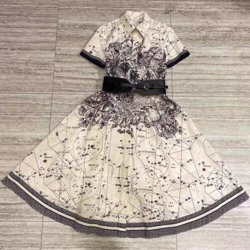Banulin 2021 New Fashion Women Summer Runway Shirt Dress Female Short Sleeve Vintage Letter Floral Pu Belt Midi Dress