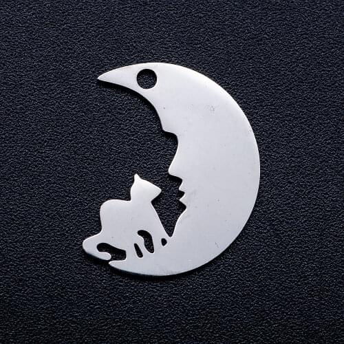 10pcs/lot Cat on the Moon DIY Jewelry Charms Wholesale 100% Stainless Steel Pendant Accessories AAAAA Quality Pendant