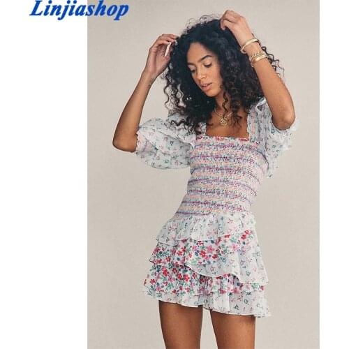 Linjiashop romantic women dress floral print elastic ruffles sexy square collar puff sleeve spring summer mini dress