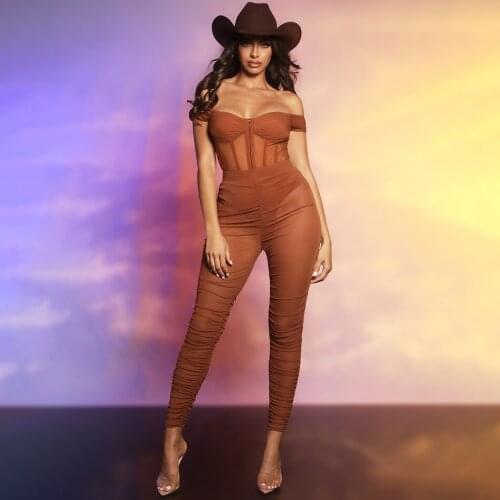 [Shesrim] Captain Style Corset Detail Off Shoulder Hook Mesh Bodysuit And High Rise Ruched Mesh Pants Set In The Style Of Shell