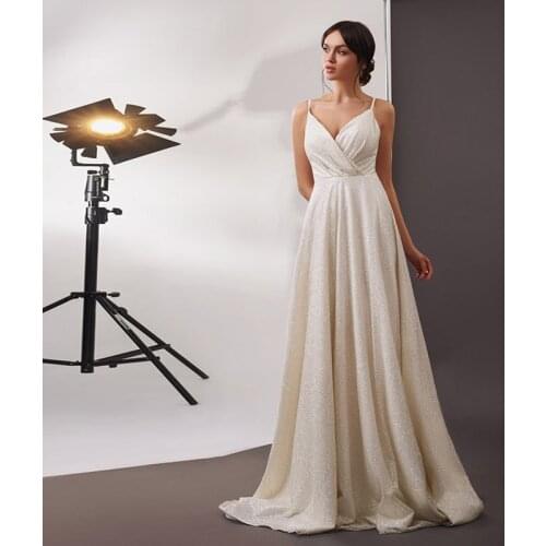 Sexy Deep V-neck Bridal Wedding Dress 2021 Robe Boheme Glitter Tulle New Mariage Wedding Gowns Vestidos Boho Prom Evening Gown