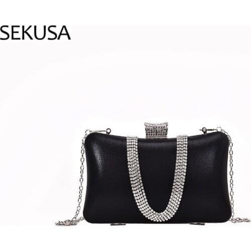 Rhinestones Women Evening Bags Metal Chain Shoulder Handbags Diamonds Black Color Party Wedding Bridal Purse
