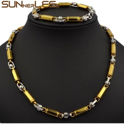 SUNNERLEES New Fashion Jewelry Stainless Steel Necklace Bracelet Set 6mm Link Chain Gold-Color For Mens Womens SC38 S