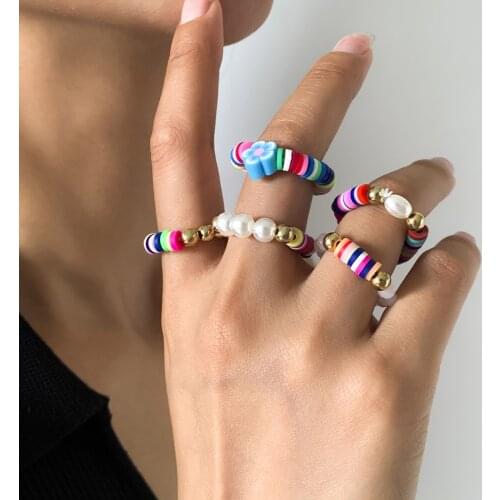 TAUAM 5Pcs/Set 2021 Ins Handmade Clay Cute Colorful Stripe Wide Ring Flower Beaded Simulated Pearl Rings for Women Jewelry Gifts