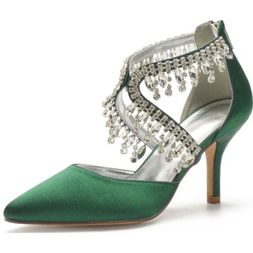 Ladys Pointed toe D'orsay satin evening dress shoes with twisted strap diamonds crystal bridal wedding party prom club sandals