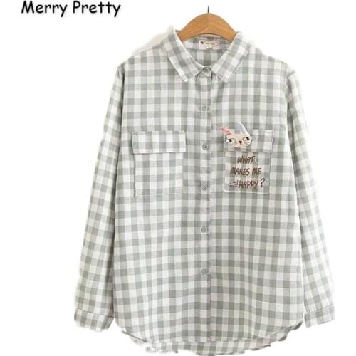 XUANHAO Cotton Womens Letter Embroidery Plaid Blouses And Tops 2020 Autumn Long Sleeve Turndown Collar Pockets Gray Blouse
