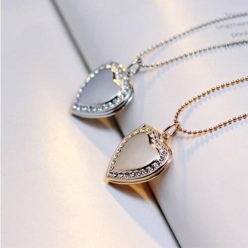 5 Color Women Shiny Small Rhinestone Heart Pendant Photo Frame 2 Locket Necklace Clavicle Chain Jewelry Gift for Girlfriend Wife