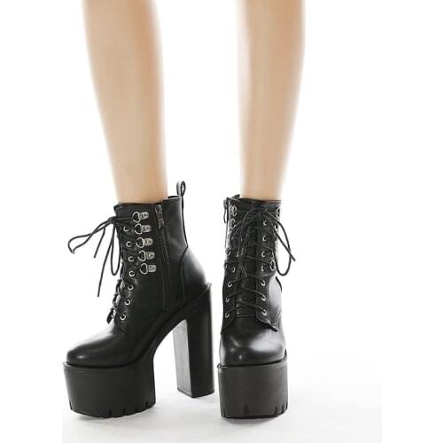 Womens Chunky Platform Ankle Boots Big Size 42 Woman Gothic High Heels Women Black Lace Up Shoes Ladies Female Zip Pumps