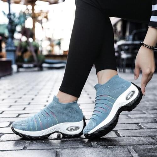 Women Sneakers Fashion Breathable Mesh Casual Shoes Platform Grey Blue Socks Shoes Slip-On Sneakers Walking Running Shoes Women