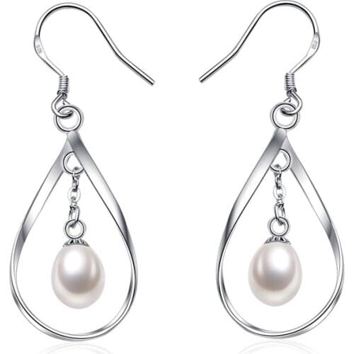 925 Sterling Silver Drop Earrings For Women,Wedding White Real Freshwater Pearl Earring Girl Birthday Gift