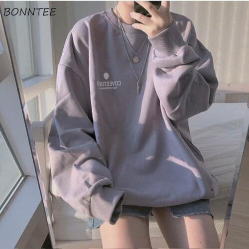 Hoodies Women Simple Letter Korean Long Sleeve Spring Thin Chic Purple Harajuku Femme Pullovers Oversized Black Girl Streetwear