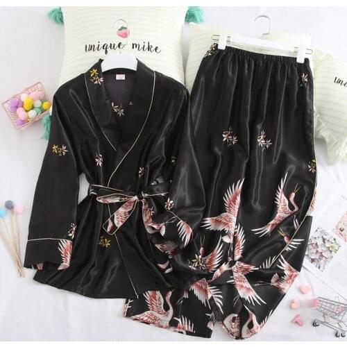 Women 2PCS Pajamas Set Print Sleepwear Pijamas Suit Casual Nightwear Loose Shirt&Pant Silky Kimono Bathrobe Gown Homewear
