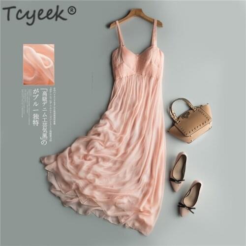 Tcyeek Summer Boho 100% Real Silk Dress Women Maxi Vestidos Korean Long Sexy Strapless Dresses Woman Vintage Beach Party Dresses