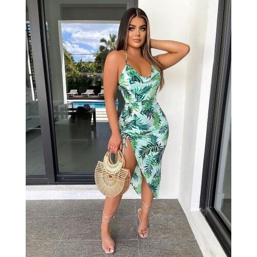 Summer Floral Dresses for Women 2021 Ladies Sexy Asymmetry Hem Long Vacation Beach Dress Robes Longue Halter Backless Vesti