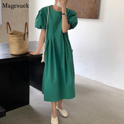 Pleated Woman Dress Summer 2021 Plus Size Loose Vintage Green Dress Korean Puff Short Sleeve Solid Long Dresses Vestidos 15093