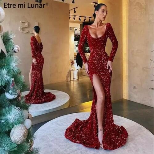2020 Burgundy O-neck Long Sleeves Sequined Evening Dress Hight Slit Mermaid Sexy Prom Dress vestido de noche LE40742