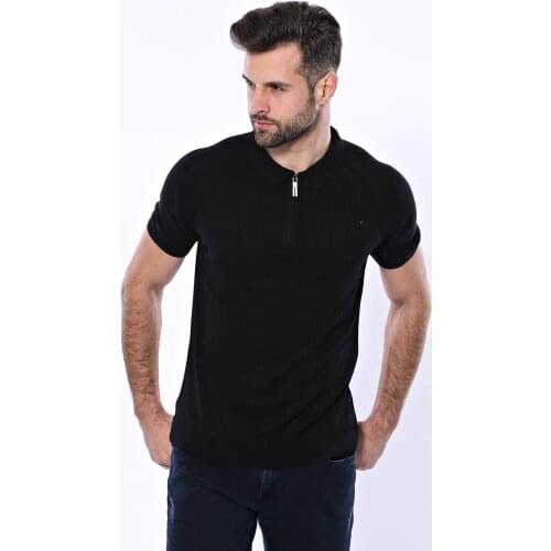 Polo Zippered Patterned Black Knitted T-Shirt