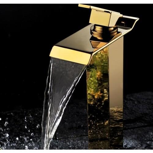 EMS(DHL) Free shipping Ti-PVD Finish Solid Brass square spout waterfall Bathroom vessel Sink tall Faucet mixer tap