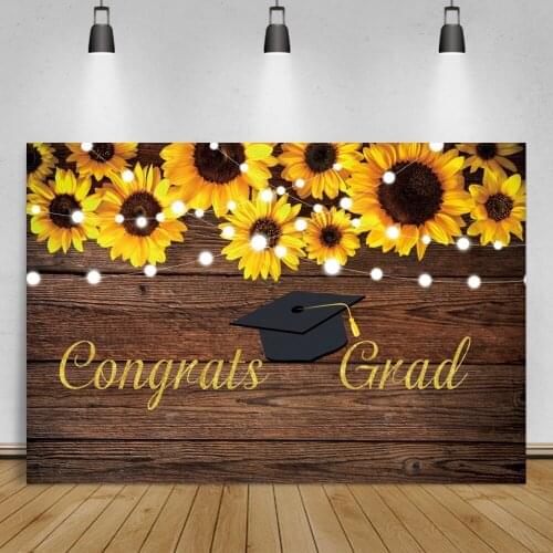 Laeacco Brown Wooden Boards Backdrop For Photography Grad Celebration Party Bachelor Cap Sunflower Customized Photo Background