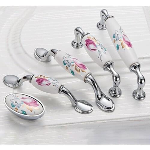 Ceramic Door Handle Silver Drawer Pulls Vintage Flower Cupboard Kitchen Cabinet Handles and Knobs Furniture Hardware