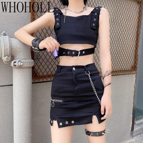 Gothick Punk Suit Womens Summer 2021 New Vest Tank Top + Black Slim Skirt Fashion Extreme Sexy Mini Micro Skirt Clothes Suit